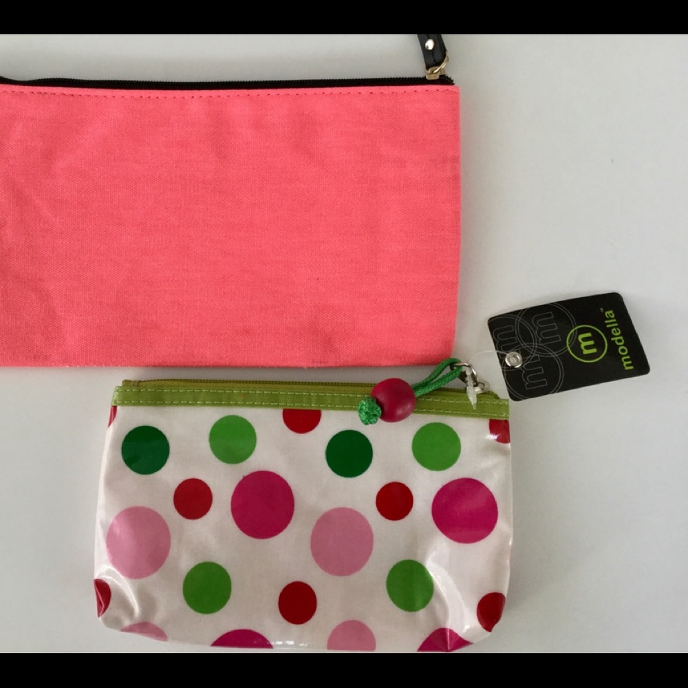 NEW CUTE Set of 2 new cosmetic zip pouches cases bags Polka Dots Hot Pink